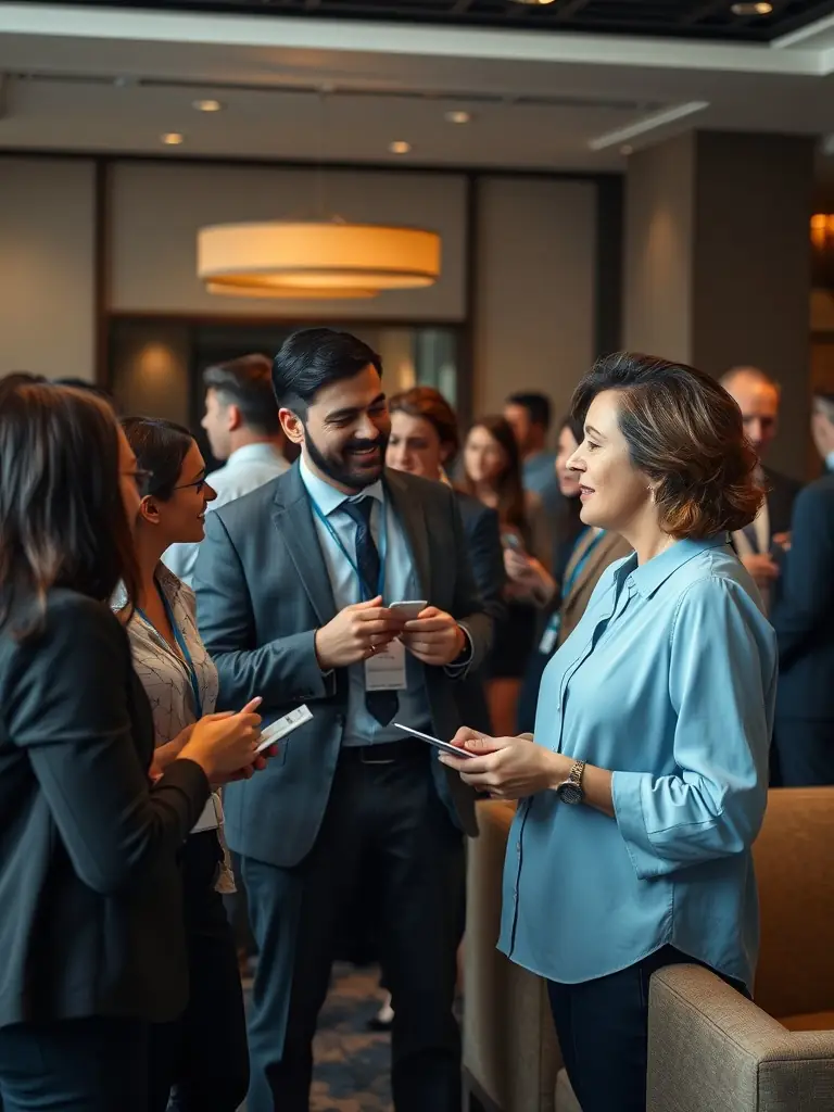 A diverse group of international business professionals networking at a conference, exchanging business cards and engaging in conversation, showcasing the opportunity for global connections.