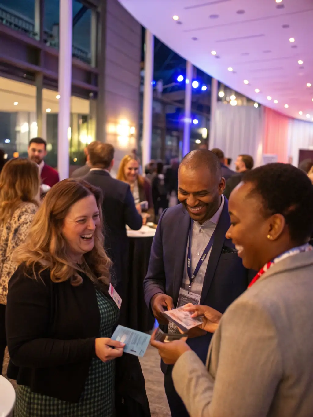 A photograph of a networking event at a business conference, with attendees exchanging business cards and engaging in conversations.